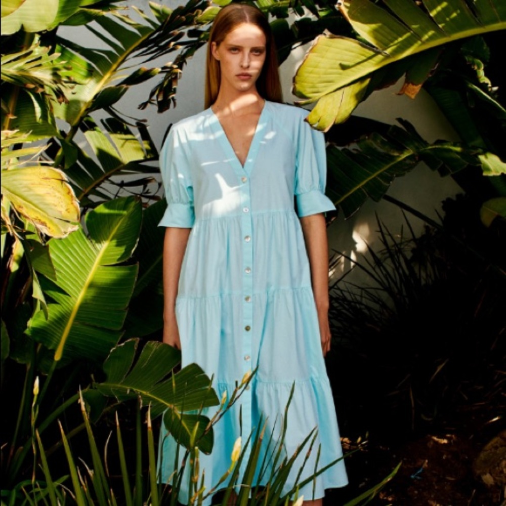 Zara light blue poplin paneled midi dress